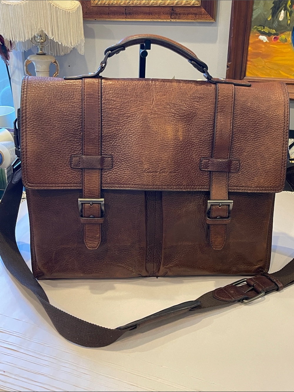 Kenneth Cole Messenger Brown Genuine Leather Bag Men Briefcase Travel